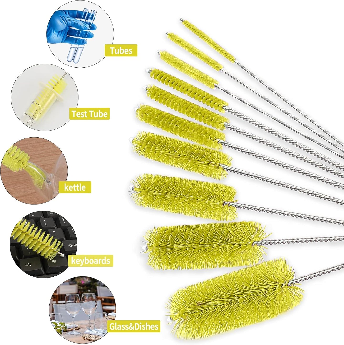 CiaraQ Bottle Cleaning Brushes, 8 Inch Nylon Tube Brush Set, Cleaner for Narrow Neck Bottles Cups with Hook, Set of 10pcs. Yellow