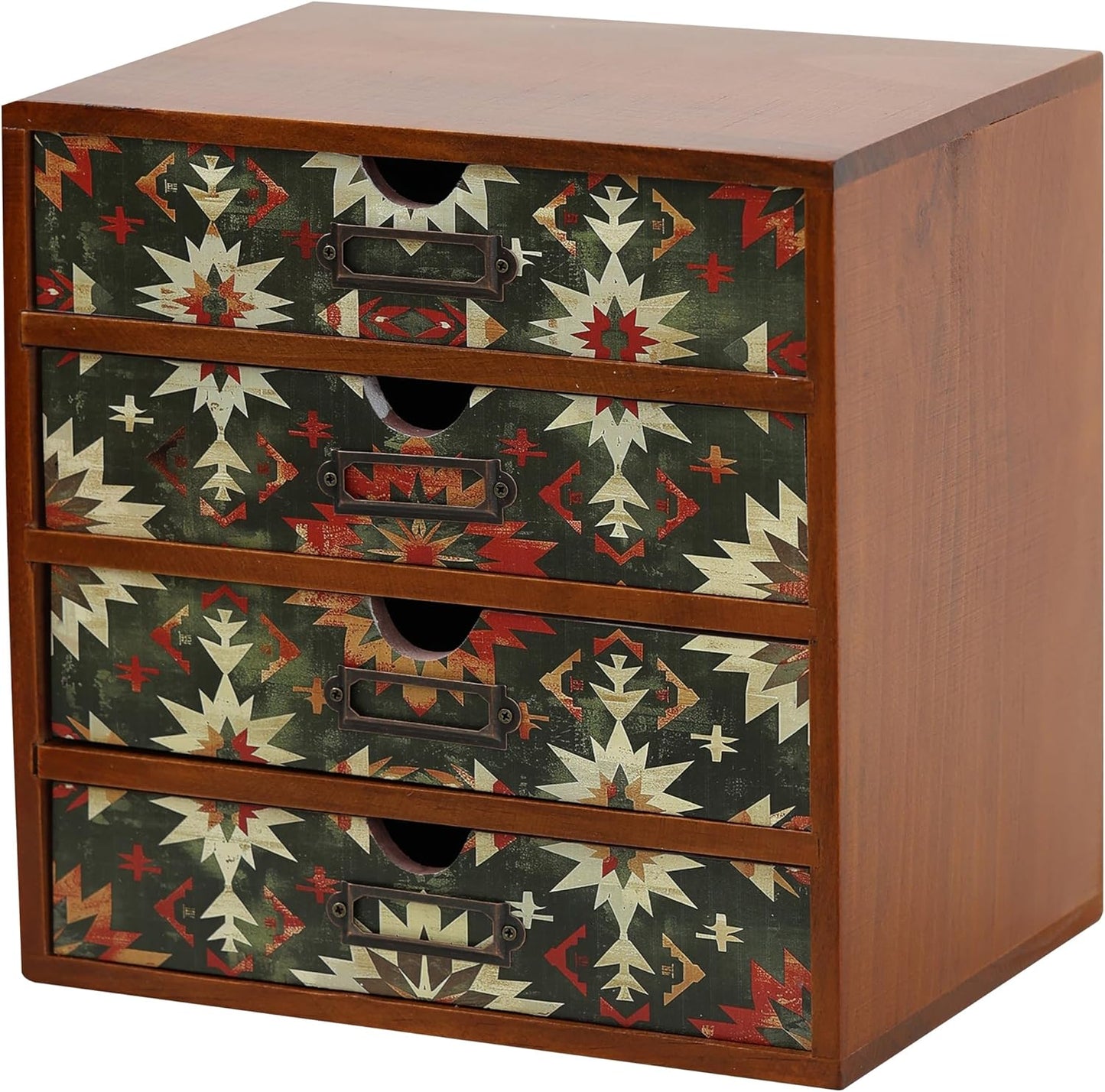 Boho Green Wooden Desk Organizer with Drawers – 4-Drawer Desktop Storage Box – Rustic Tribal Wood Desk Organizer for Office, Vanity, or Craft Supplies – Compact & Stylish Wooden Storage Drawers