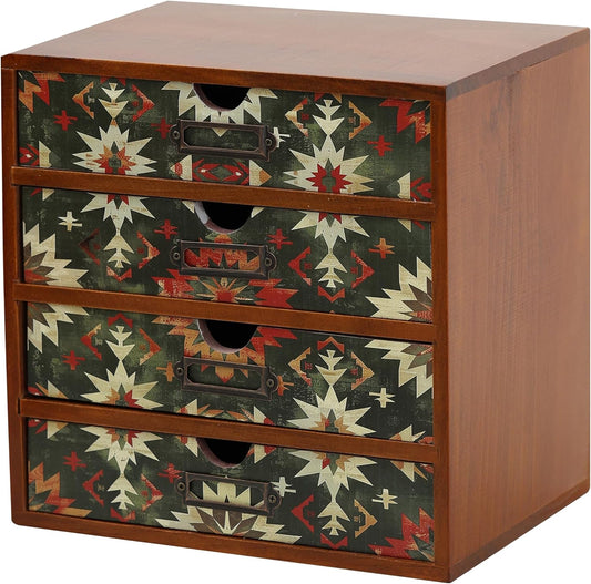 Boho Green Wooden Desk Organizer with Drawers – 4-Drawer Desktop Storage Box – Rustic Tribal Wood Desk Organizer for Office, Vanity, or Craft Supplies – Compact & Stylish Wooden Storage Drawers