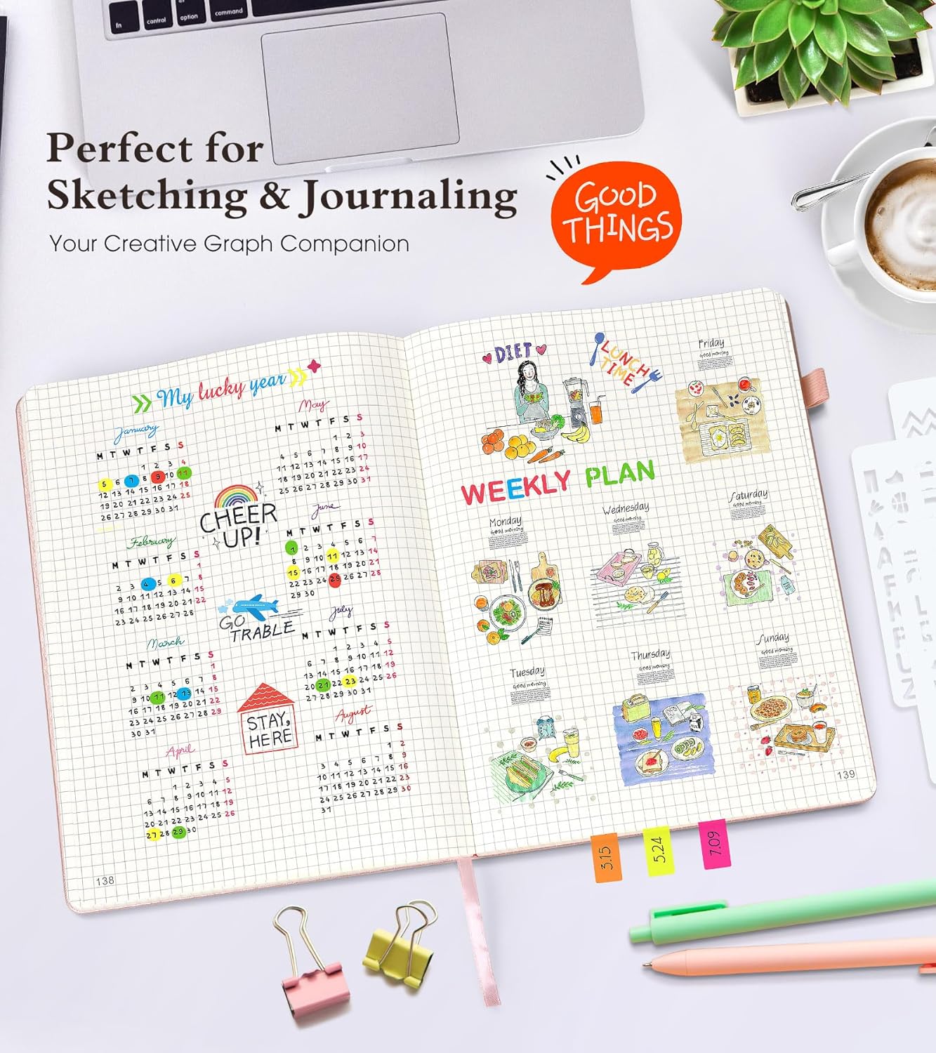 Graph Paper Notebook Journal, 360 Numbered Pages Grid Notebooks, Thick 100gsm Graphing Paper Notebook for Women Men, A5 Large Hardcover Leather Graph Journals for Writing Math 5.75'' × 8.38'' Pink