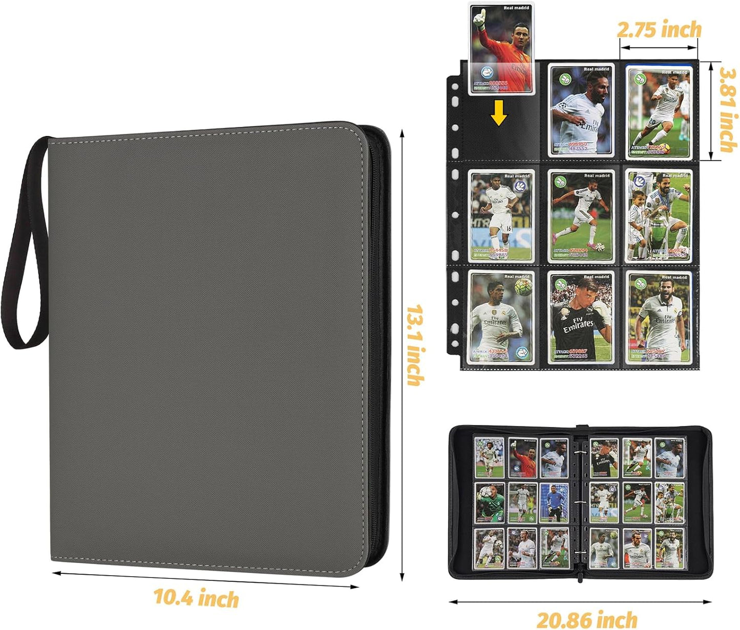 9 Pocket Card Binder, Premium Zip Trading Card Binder, 720 Double Sided Pocket PU Card Collection Binder, Collector Card Album, Card Folder for MTG, TCG, Sports Cards, Game Cards (GREY)