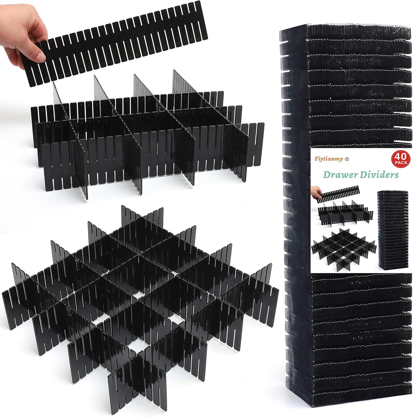 40Pcs Drawer Dividers, Adjustable Drawer Organizer for Socks, Underwear, Makeup, Can Help Tidy Kitchen, Bedroom, Dresser Black
