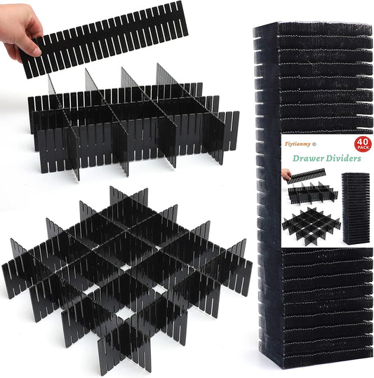 40Pcs Drawer Dividers, Adjustable Drawer Organizer for Socks, Underwear, Makeup, Can Help Tidy Kitchen, Bedroom, Dresser Black