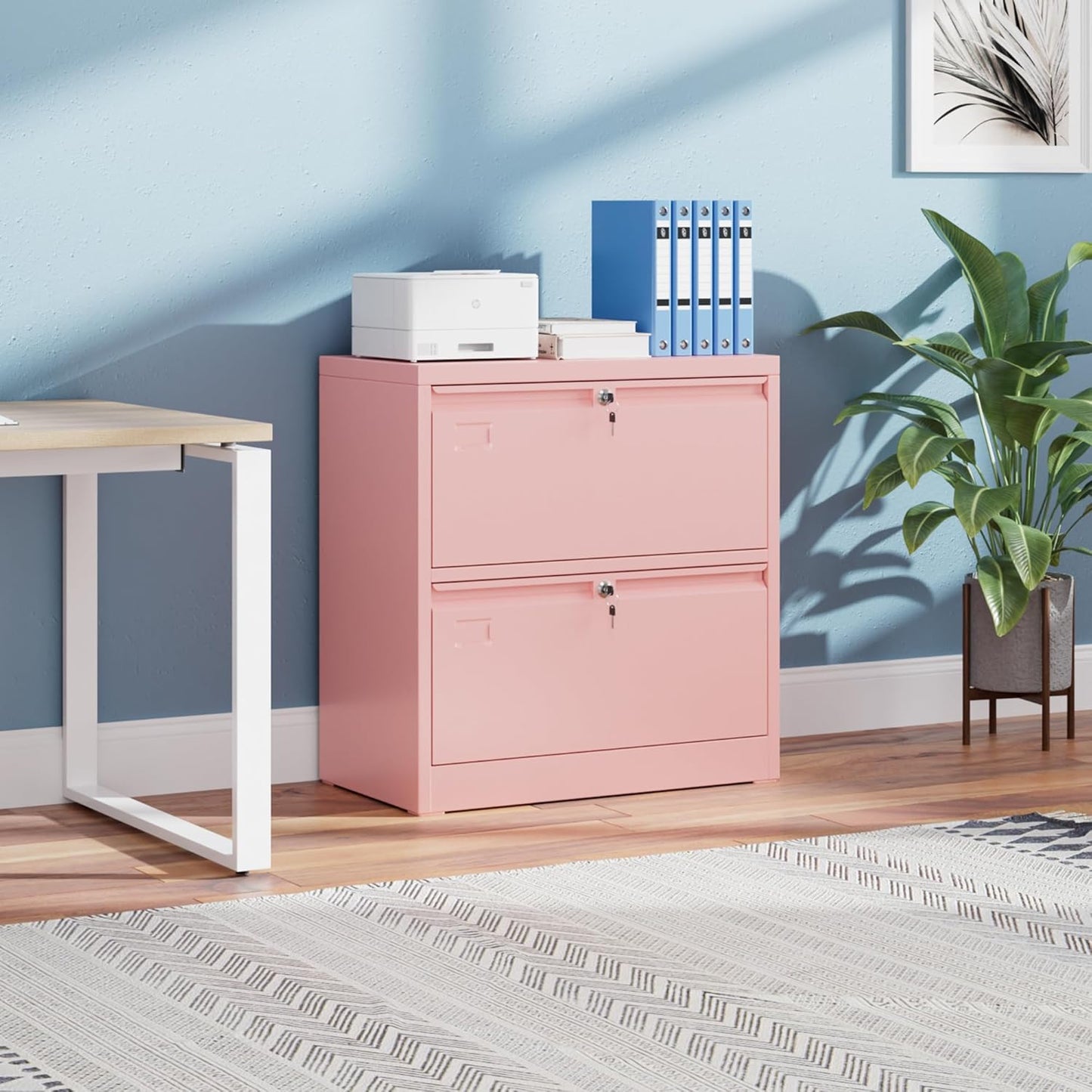 Aobabo 2 Drawer Wide Lateral File Cabinet, Metal Filing Cabinet with Lock, Suitable for Home Office School Hanging Files Letter/Legal/F4/A4 Size,Pink,Required-Assembly,15.87" D x 28.94" W x 30.24" H