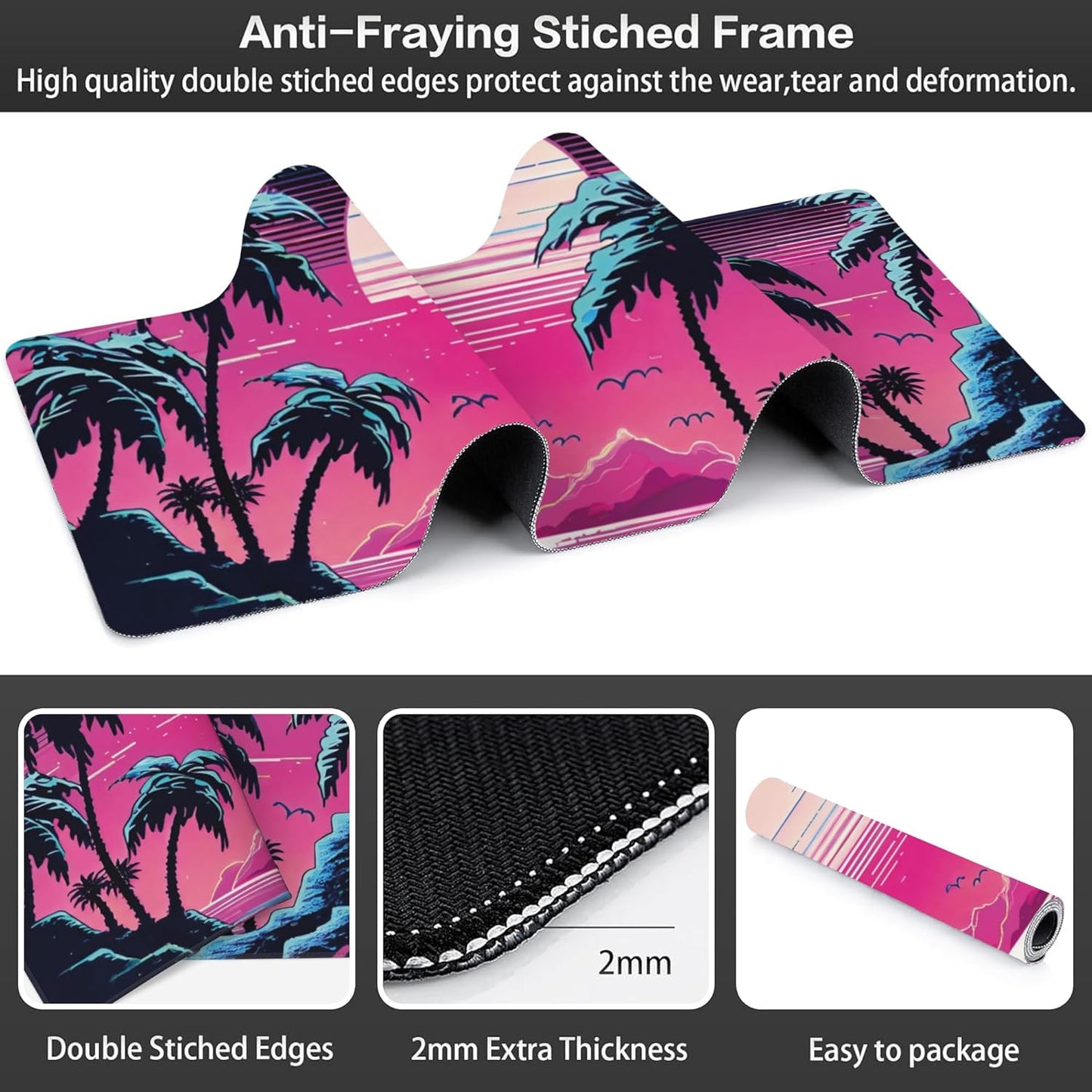 Desk Mat, Tropical Sunset and Palm Trees Extended Large Gaming Mouse Pad for Desk XXL, Non-Slip Rubber Base Stitched Edges Long Computer Keyboard Desk Pad Mouse Mat for Home Office Gaming 35.4"X15.7"