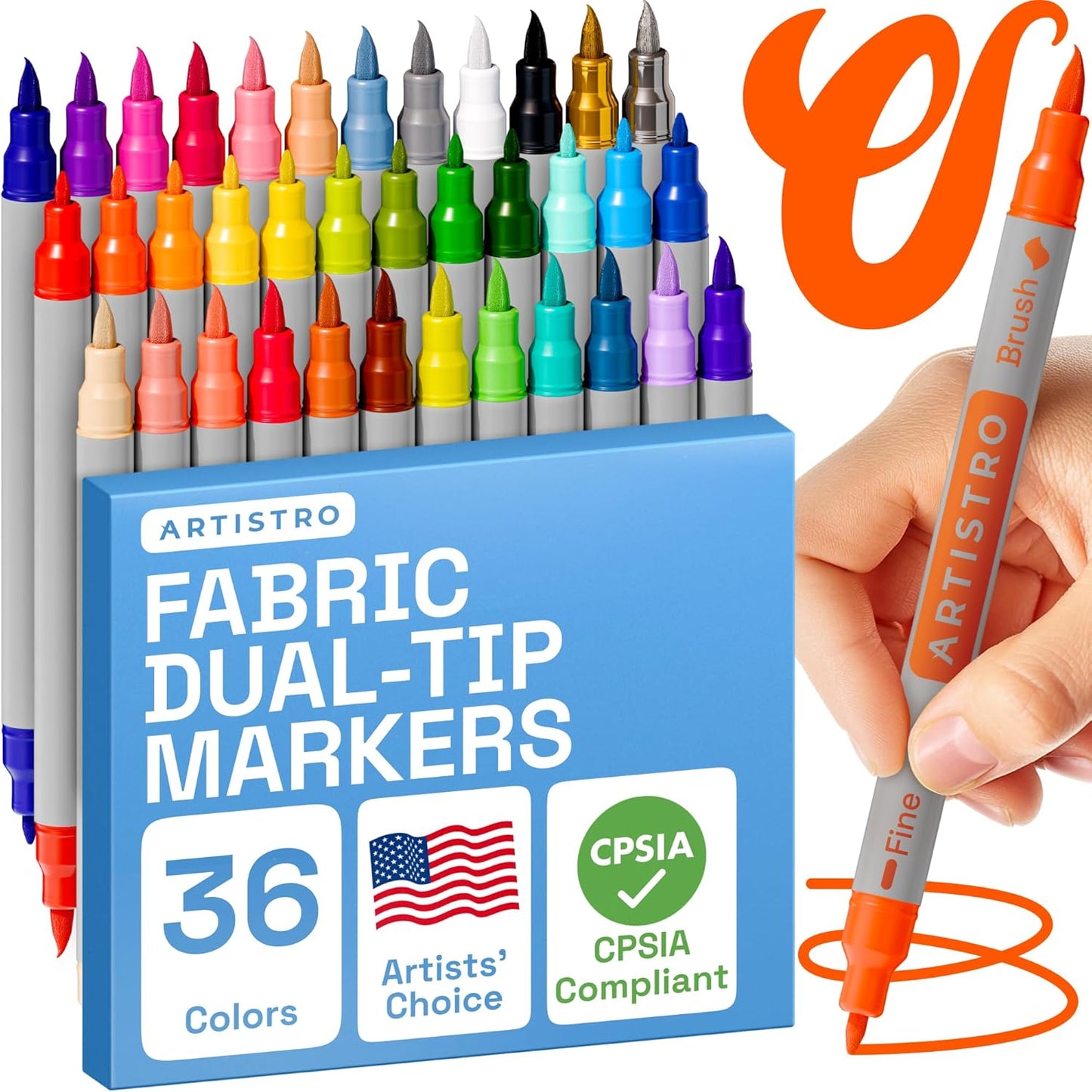 ARTISTRO 36 Dual Tip Fabric Markers - Acrylic Drawing Markers for All Ages & Levels - Fabric Paint Pens for Personalizing Clothes, T Shirts, Bags, Canvas, Textiles (Brush + Fine)