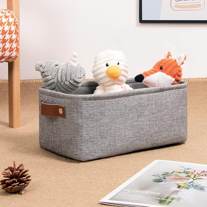 DULLEMELO Small Storage Baskets 11.8"x7.9"x5.1", Fabric Storage Bins for Shelves,Closets,Nursery,Home,Office [3 Pack], Collapsible Storage Baskets with Leather Handles (Gray)