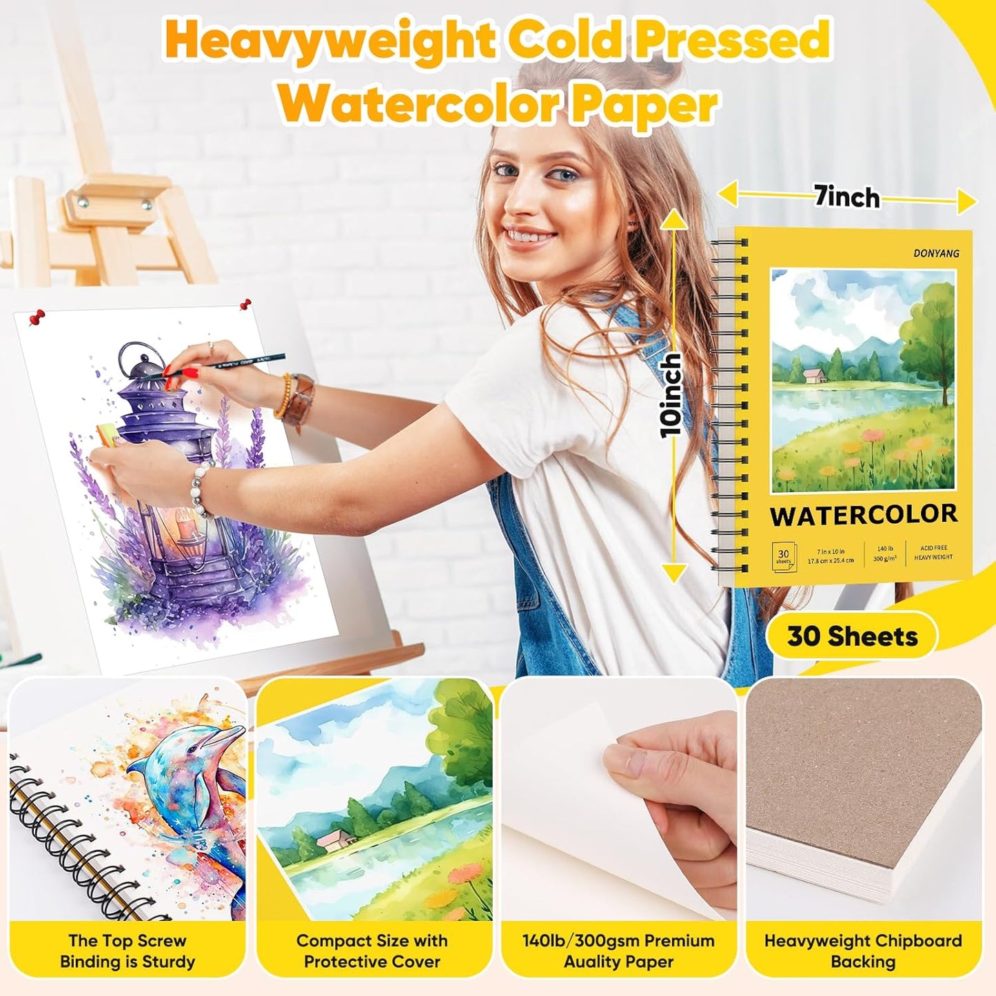 7"x10" Watercolor Paper Pad, 30 Sheets Watercolor Paper, 140lb/300gsm Spiral Bound Art Sketch Book for Adult, Bulk College Essentials, Watercolor Textured Paper for Finger Paint, Canvas Painting