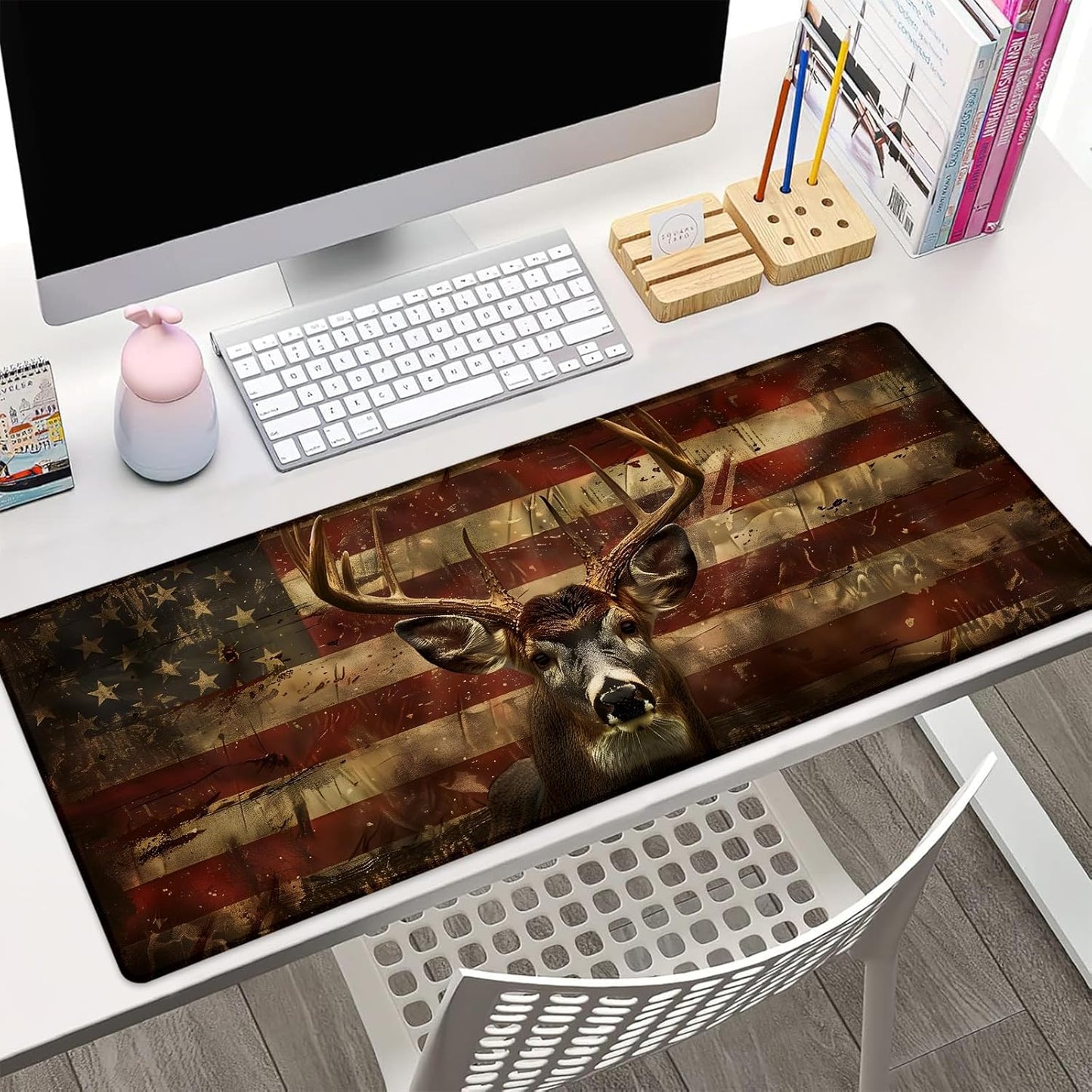 American Deer Gaming Mouse Pad Gifts 31.5" x 11.8", Non-Slip Rubber Base MousePads for Computers Laptop School Office Home Accessories Decor, Mouse Pad, Keyboard Desk Mat