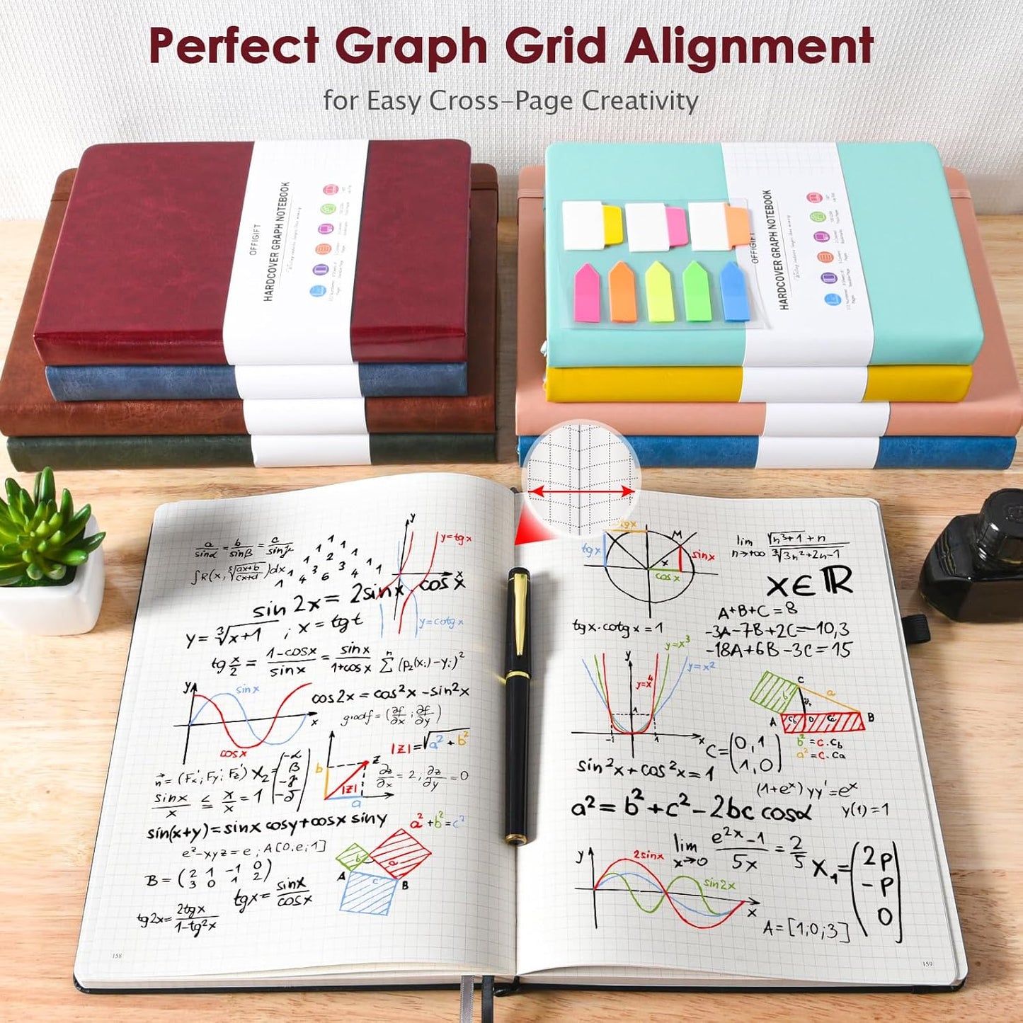 Graph Paper Notebook, 312 Numbered Pages Large A4 Hardcover Leather Journal, 100gsm No Bleed Grid Paper Notebook with Index Pages, Squared Grid Notebook for Graphing Notes Math, 8.5'' × 11'', Burgundy
