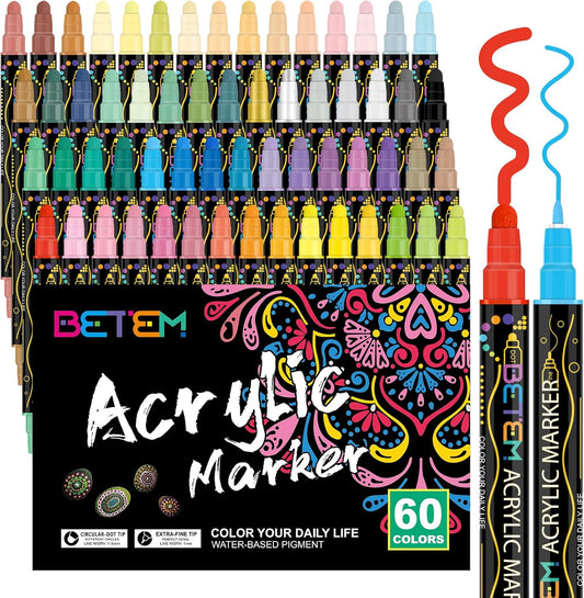Betem 60 Colors Dual Tip Acrylic Paint Pens Markers, Premium Acrylic Paint Pens for Wood, Canvas, Stone, Rock Painting, Glass, Ceramic Surfaces, DIY Crafts Making Art Supplies