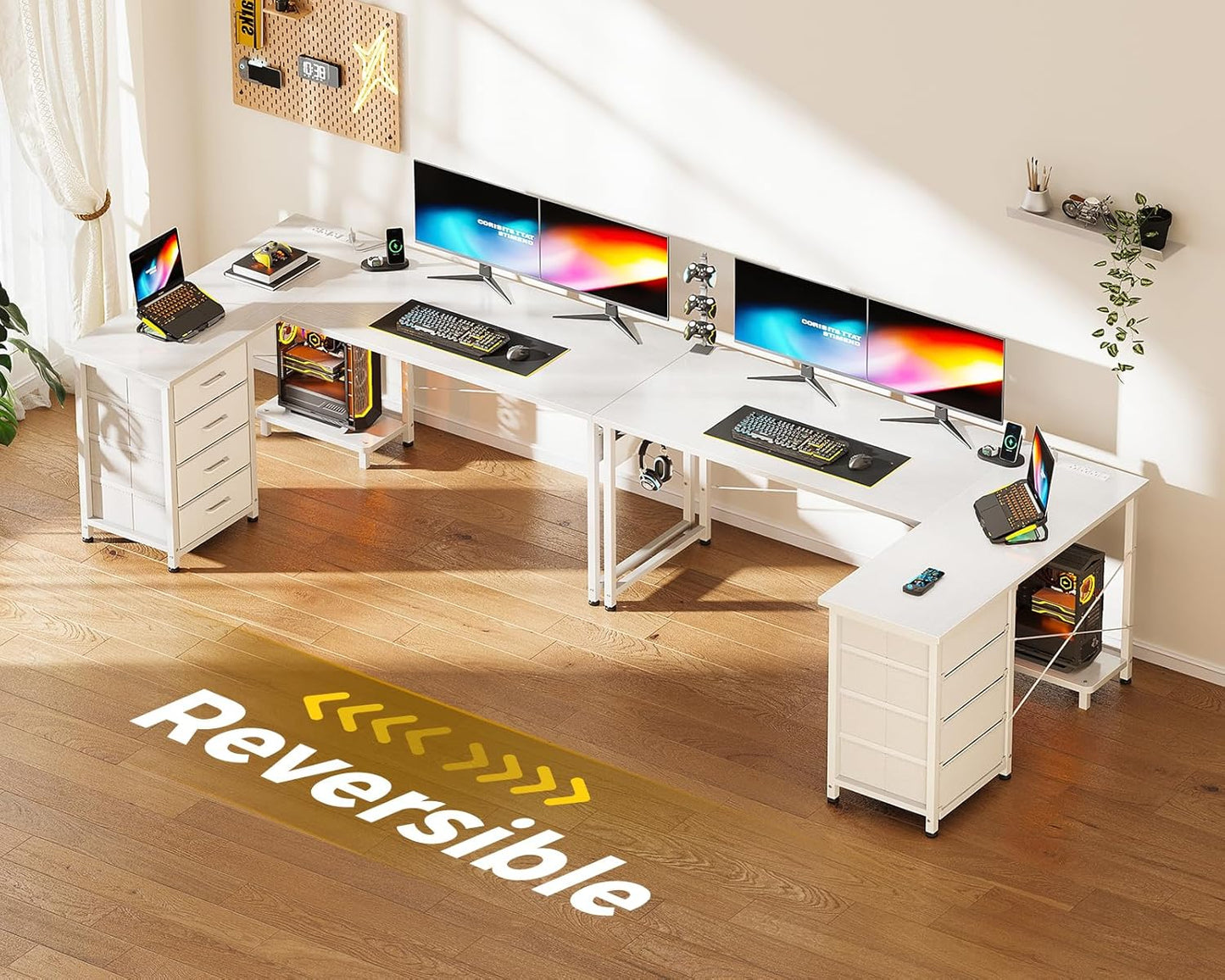 Casaottima L Shaped Desk with 4 Tier Drawers, 53" Gaming Desk with Power Outlets & USB, Reversible L-Shaped Computer Desk with CPU Stand, Home Office Corner Desk with Storage, Easy Assemble, White