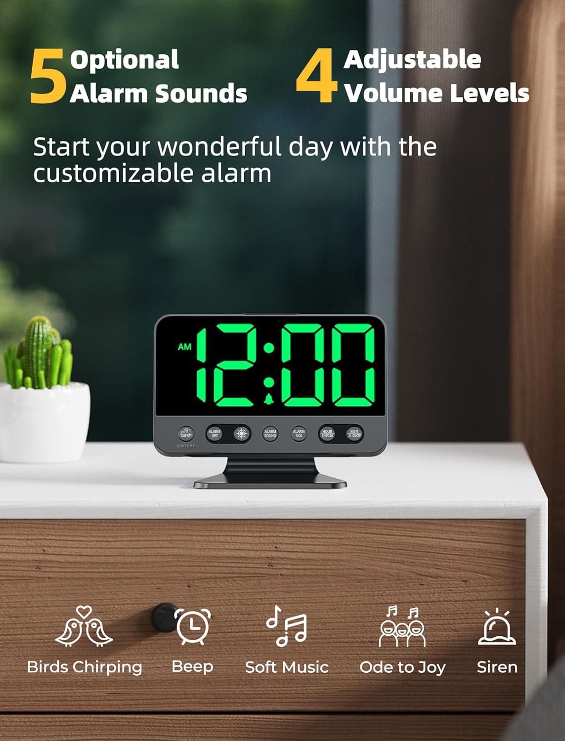 Digital Alarm Clocks for Bedrooms: Large Bold Number 5 Brightness Dimmer - Easy to Read Across The Room - 5 Alarm Sound 8 Night Light - Green