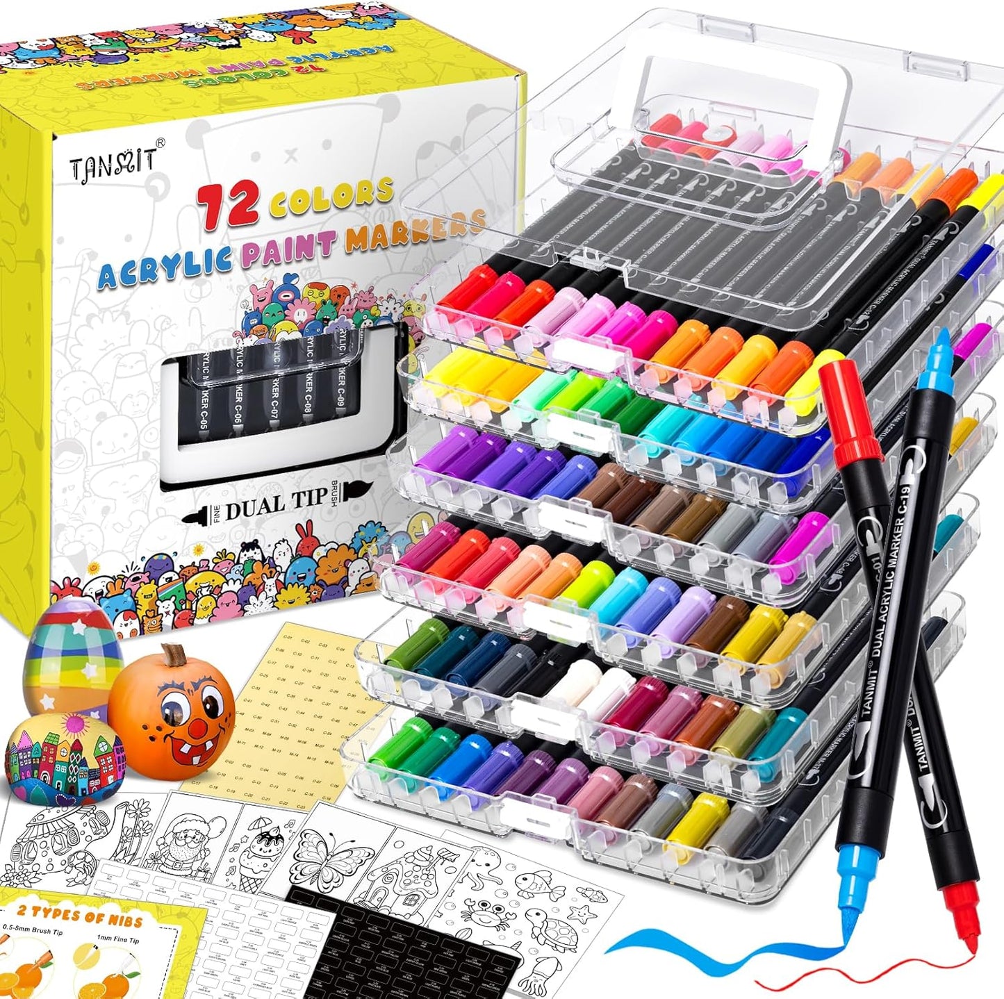 72 Colors Acrylic Paint Markers, Dual Tip Acrylic Paint Pens for Rock Painting, Wood, Canvas, Stone, Glass, Ceramic Surfaces, DIY Crafts Making Art Supplies (Brush Tip and Fine Tip)