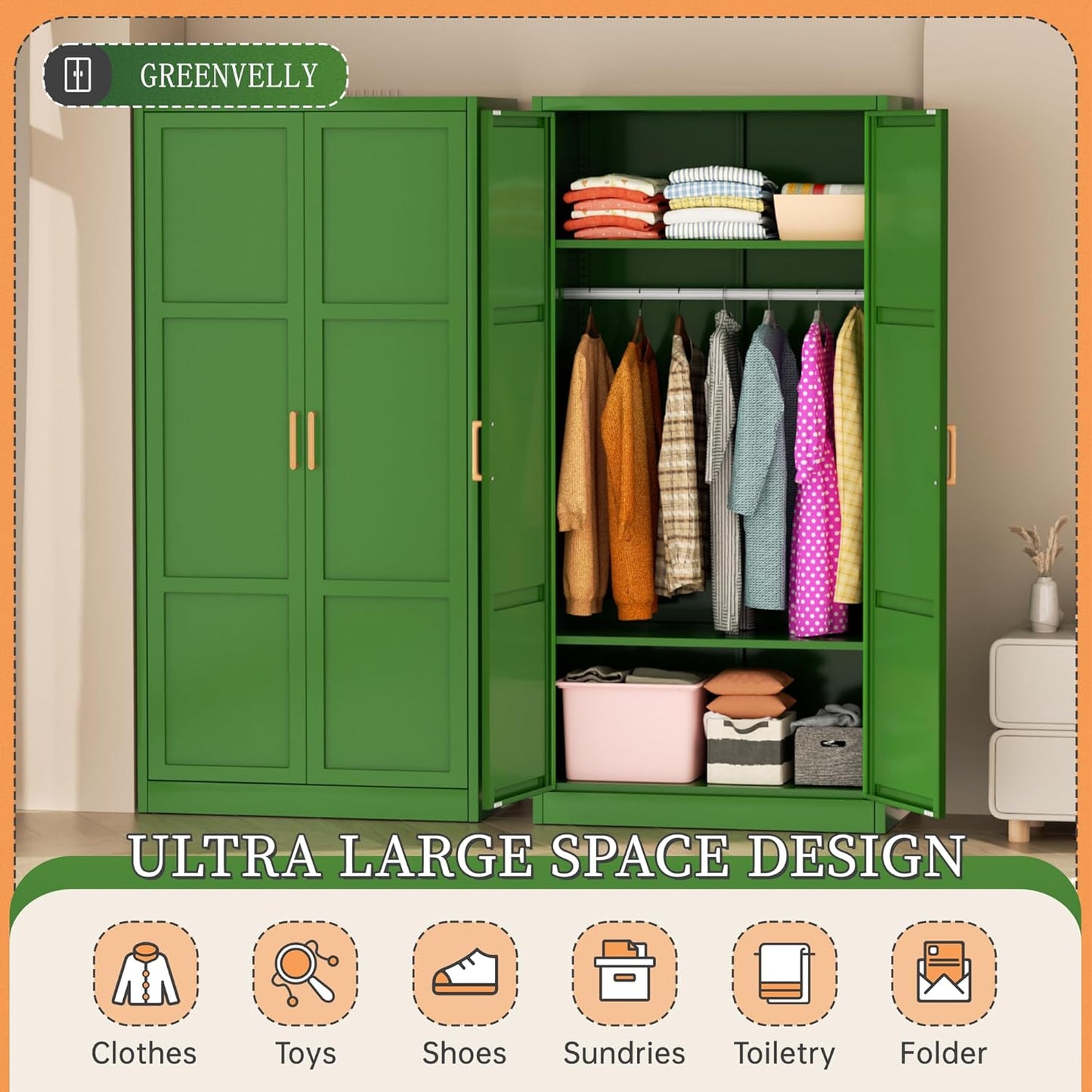 Greenvelly Metal Storage Wardrobe Cabinet with Lock, 71" Green Metal Wardrobe Closet for Hanging Clothes with Doors and Shelves, Modern Steel Clothes Closet for Home, Office and Bedroom, School,Gym