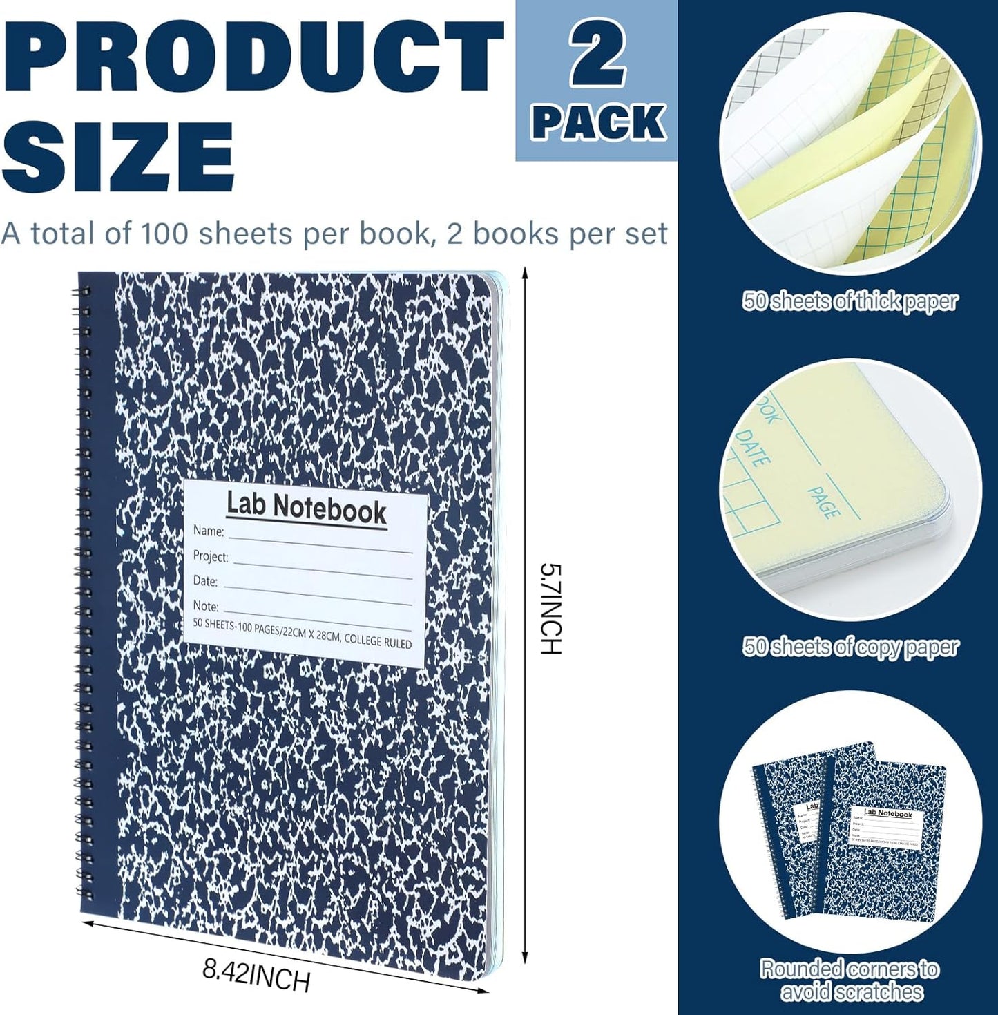 2 Pack Carbonless Lab Notebook Carbon Copy 8.5'' x 11'' Laboratory Engineering Chemistry Computation Notebook Science Grid Contains 50 Set Pages 100 Sheets Total Coil Binding(Blue)