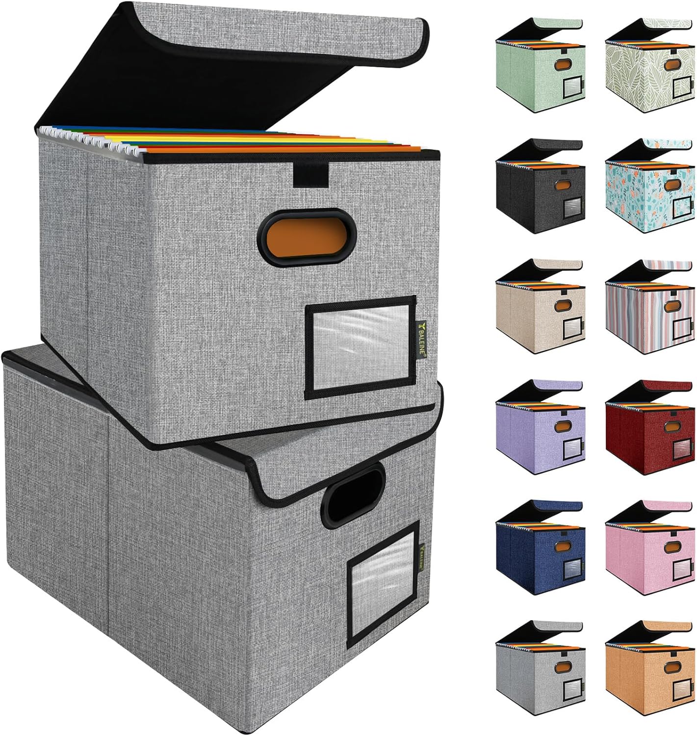 BALEINE File Organizer Box with Lid, Collapsible File Folder Organizer with Plastic Slide, Hanging File Folder Box for Office Document Storage (2 Pack, Grey)