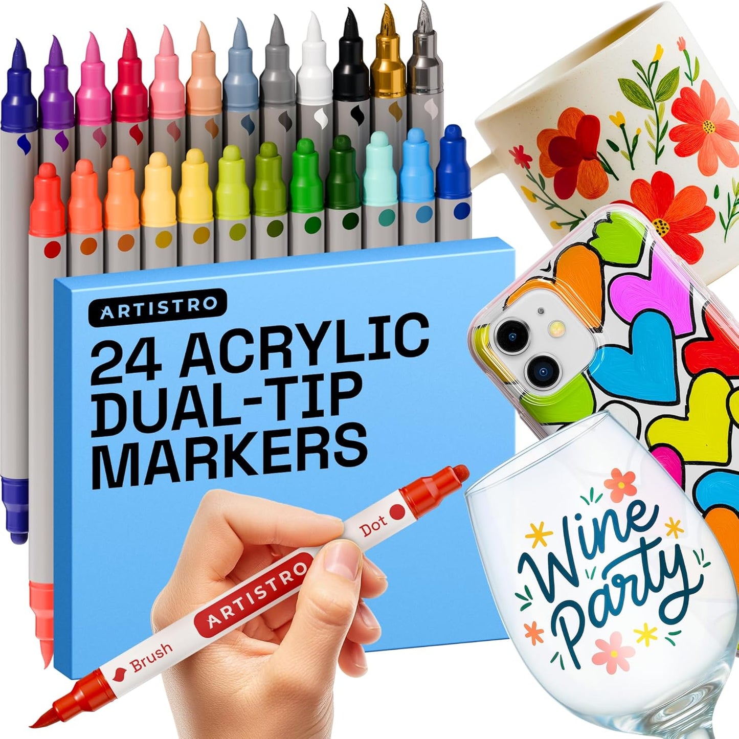ARTISTRO 24 Wine Glass Acrylic Paint Markers - Washable Non-Toxic Dual Tip Acrylic Paint Pens for Car Window, Mirror, Ceramic