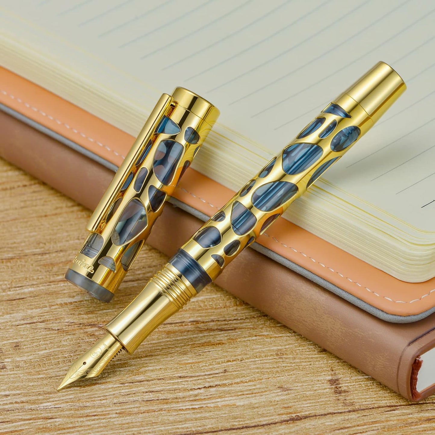 Asvine V169 Vacuum Filling Fountain Pen Extra Fine Nib, Water Drop Skeleton Gold Trim Transparent Gray Blue Acrylic Pen Case Set