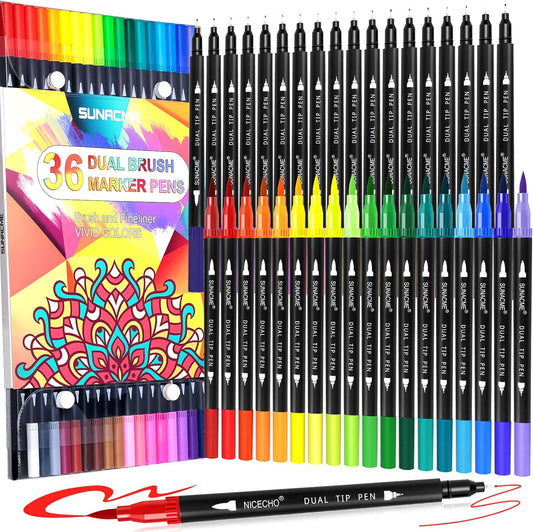 36 Dual Brush Marker Pens, 36 Colors Art Marker Set with Brush Tip and Fineliner Tip for Kids Adults Coloring Books, Aesthetic School Art Supplies No Bleeding