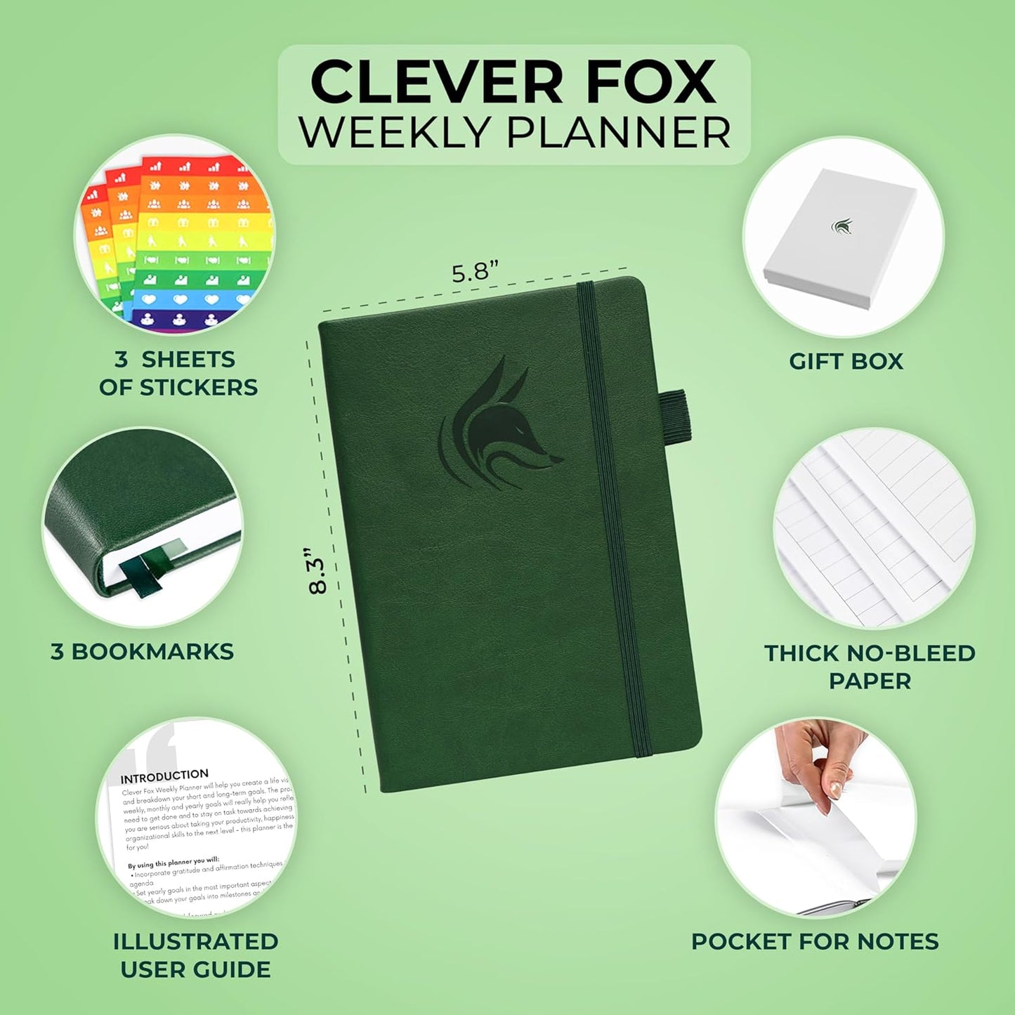Clever Fox Planner – Undated Weekly & Monthly Planner for Productivity, Time Management & Goals – Organizer Journal – A5 (Dark Green)