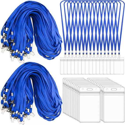 400 Pack Neck Lanyard Bulk with ID Card Holder Lanyards for ID Badges Vertical Name Badge ID Card Holders Flat Neck Lanyards with Clip for Nurses Teacher Students, Blue