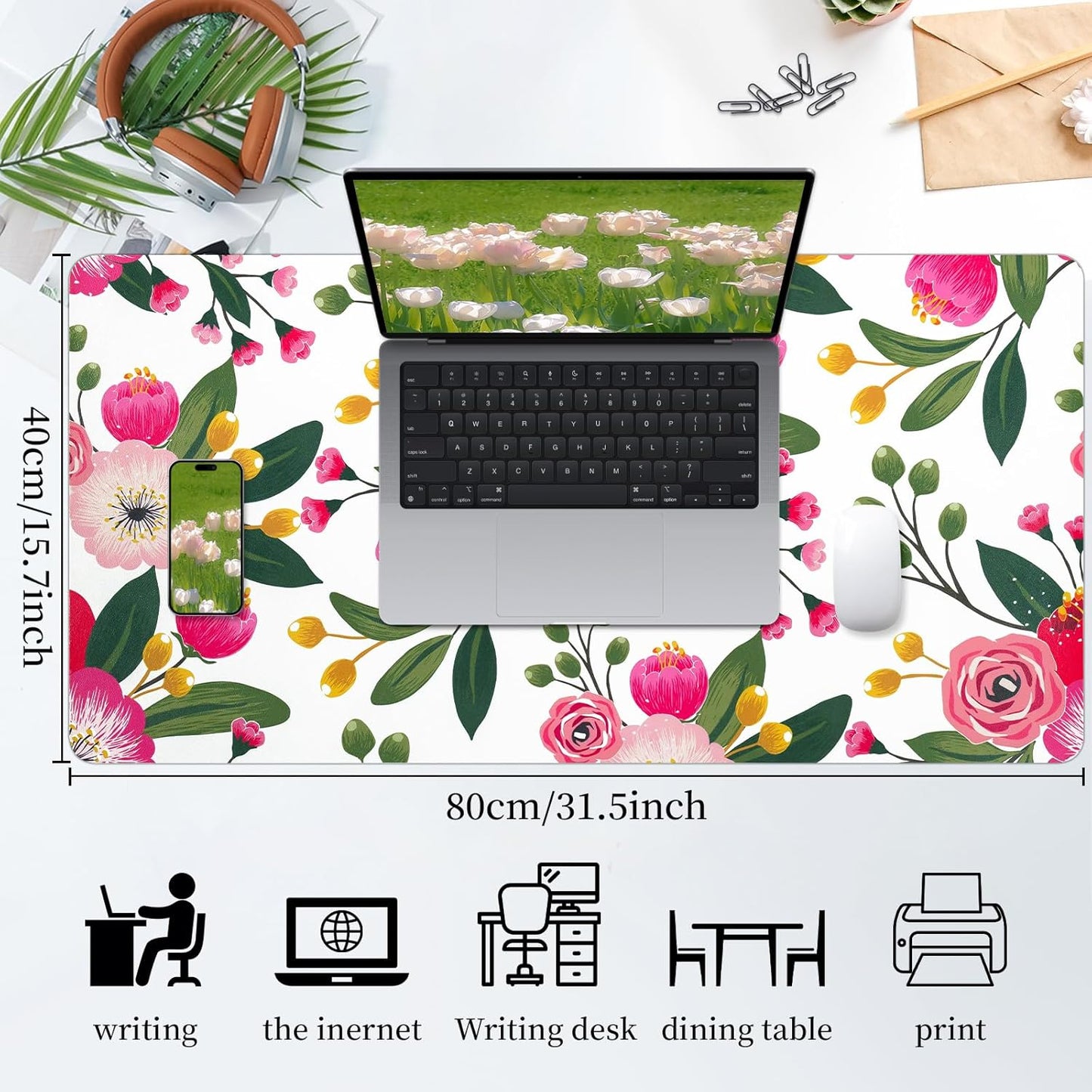 Bloss Pink Floral Desks Mat,31.5x15.7In Large Mouse Pad Cute,Anti-Slip Leather Computer Desk Pad for Keyboard and Mouse,Pink Computer Keyboard Pad Mat,Laptop Desks Protector Mat for Office/Home/Women