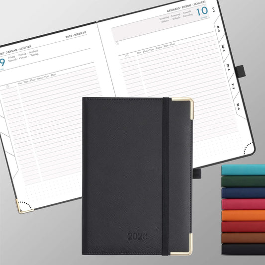 Daily Planner 2026 with One Page Per Day,(A5-8.5" x 5.9"),12 Months Calendar Hourly Appointment Book Monthly Tabs & Self-adhesive Pen Holder,Inner Pocket, Vegan Leather Hardback,Black