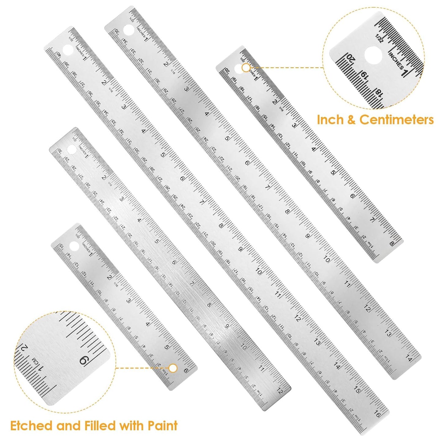 5Pcs Cork Backed Ruler Stainless Steel Ruler, 6/8/12/14/16 Inch Metal Ruler,Straight Edge Ruler Non-Slip Metal Rulers with Inch and Centimeters for Drawing Engineering(6 + 8 + 12 + 14 + 16 Inch)