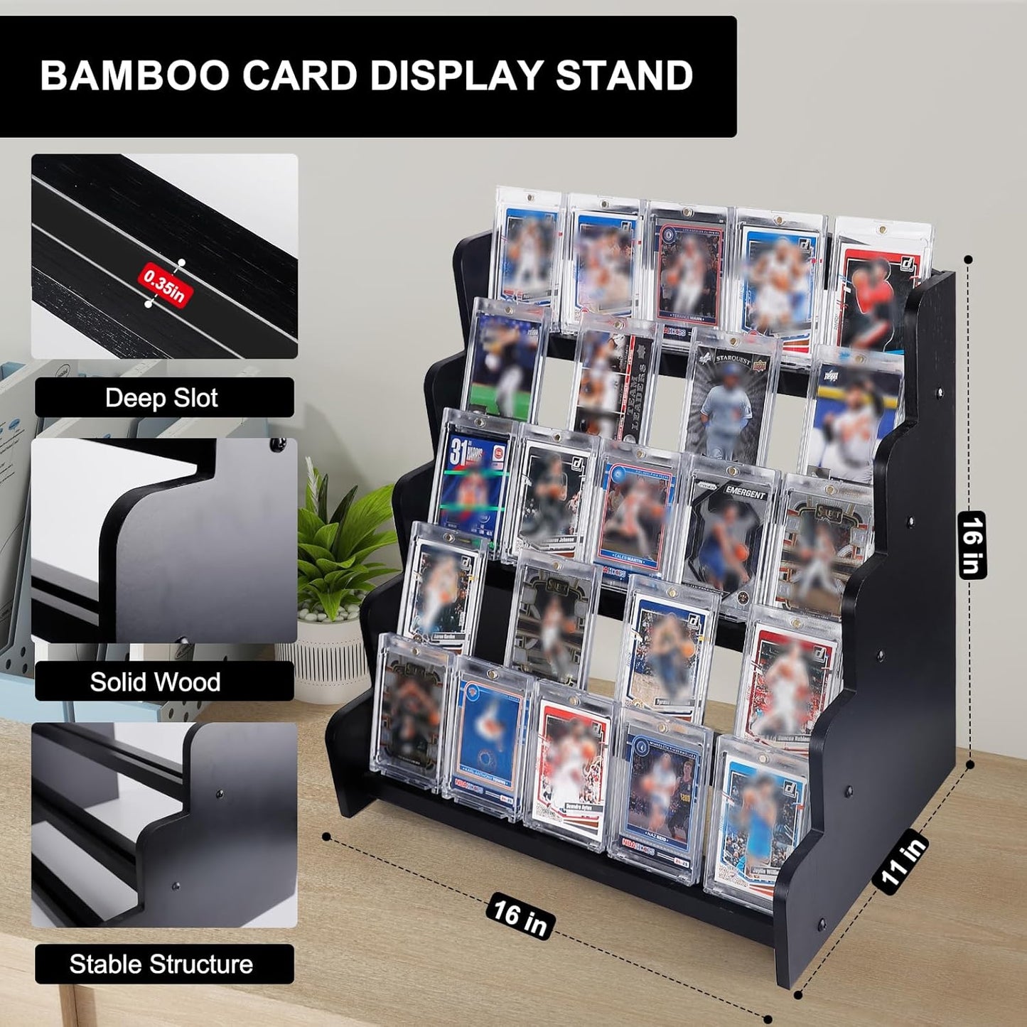 5-Tier Bamboo Trading Card Display Case, 35 pt Baseball Card Collection Stand, Sports Card Storage Holder,Card Game Collection (Black)