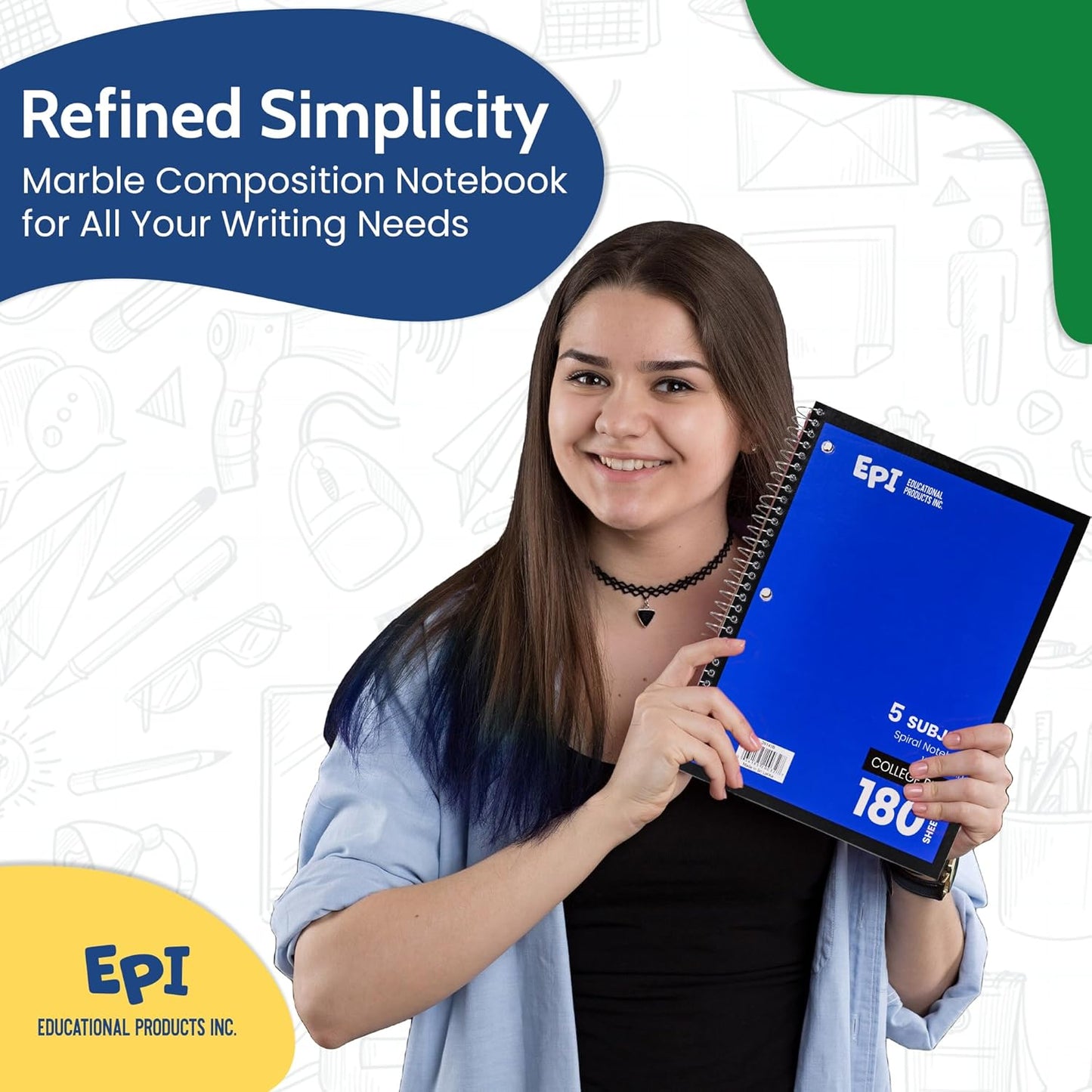 EPI Spiral Notebook | 5 Subject - College Ruled - 180 Sheets, Durable Spiral Binding | 10.5 x 8 in | Classroom Supplies | School, Office, Note Taking, Journaling - 12 Pack