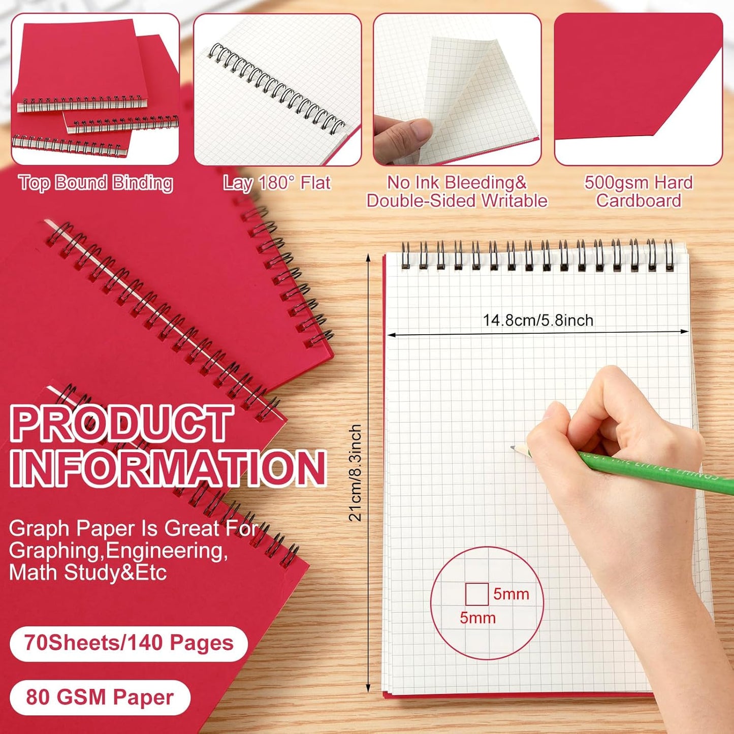 2 Pack Graph Paper Spiral Notepad A5 Top Wirebound Notepad Grid Notebook Steno Pads Memo Notebook Grid Paper 140 Pages for Writing Sketching Drawing Office Supplies (Red)