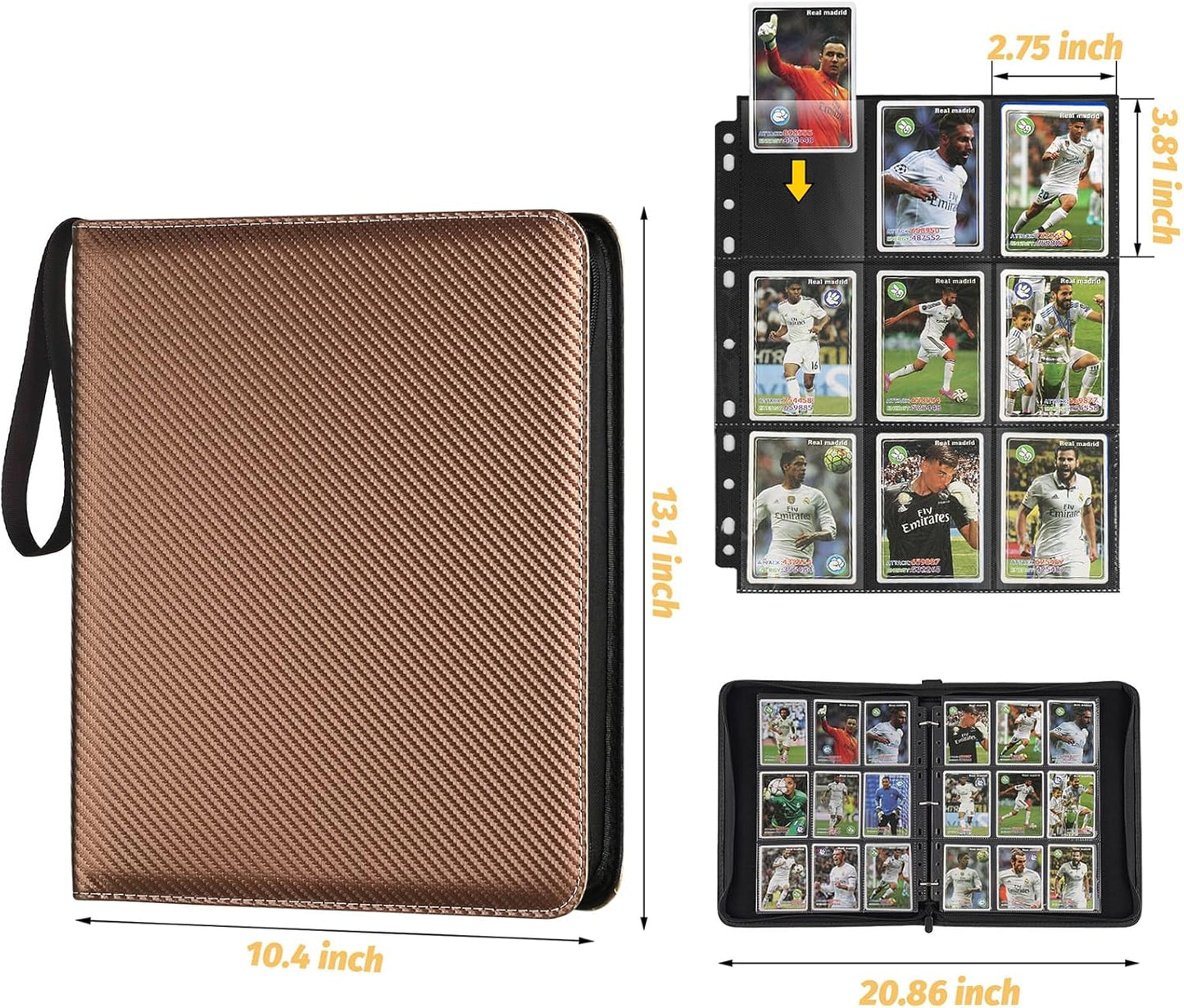 9 Pocket Card Binder, Premium Zip Trading Card Binder, 720 Double Sided Pocket PU Card Collection Binder, Collector Card Album, Card Folder for MTG, TCG, Sports Cards, Game Cards (Brown)