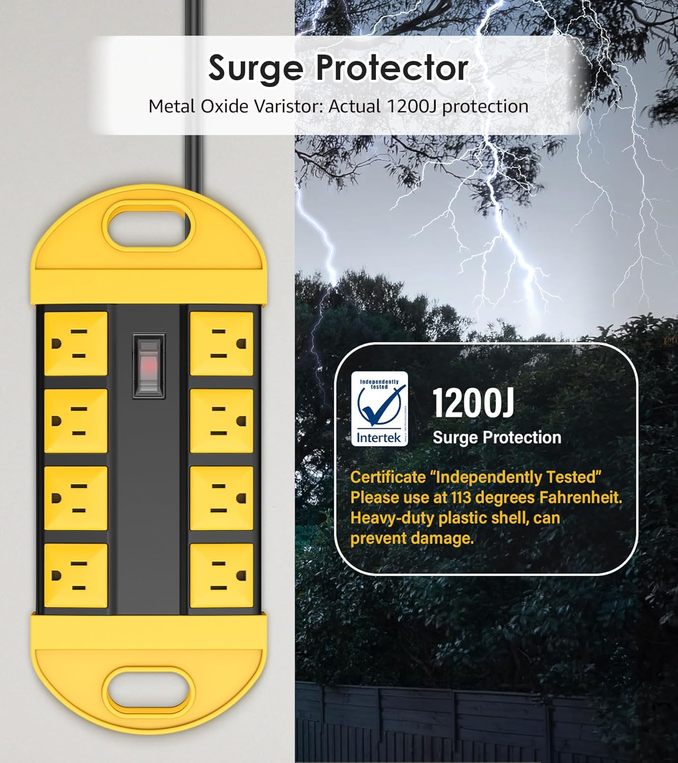 CCCEI 2 Outdoor Power Strips Weatherproof with 8 Plug, Waterproof Extension Cord with Multiple Outlets, Christmas Exterior Garden Yard Surge Protector 15FT, Yellow.