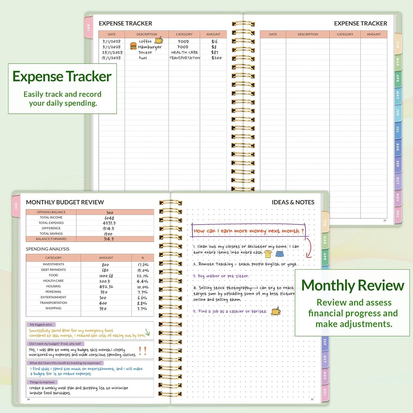 2026 Budget Planner - Monthly Budget Book from JAN 2026 - DEC 2026 with Expense Tracker Notebook, A5 Size (6.4" x 8.3") Bill Organizer & Finance Planner Account Book to Manage Your Finances, Green