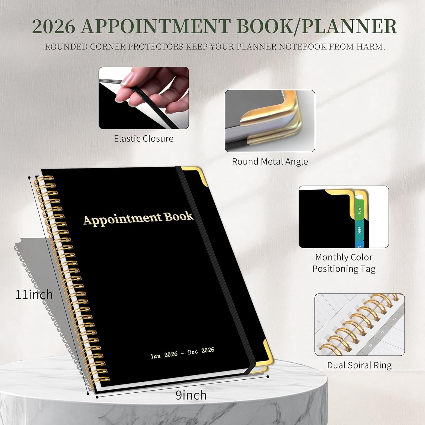 2026 Appointment Book/Planner - 2026 Daily Hourly Planner from Jan. 2026 - Dec. 2026, Weekly appointment Book 2026, 2026 Hourly planner with 20-Minute Interval, 9" x 11", Twin-Wire Binding, Colorful Tabs, Pocket - Black