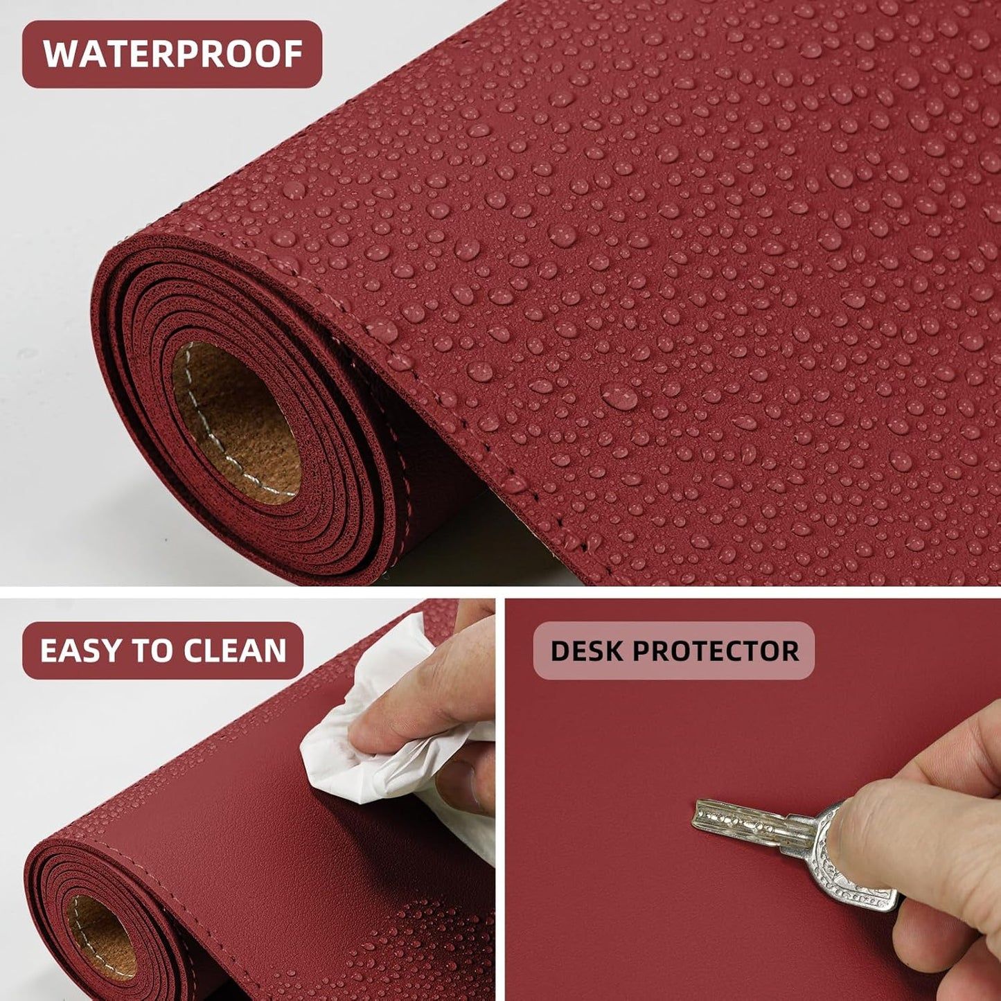 Desk Mat 47" x 23.7" Leather Desk Pad Protector with Natural Cork & PU Leather, Non-Slip Office Desk Mat, Double-Sided Large Mouse Pad, Waterproof Desk Pad for Office&Home (Red)