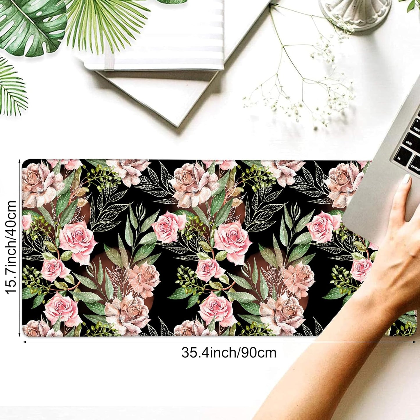 Desk Mat, Watercolor Rose Flowers Eucalyptus Leaves Large Gaming Mouse Pad with Non-Slip Base Stitched Edges,Desk pad for Keyboard and Mouse Home Office 35.4"x15.7"