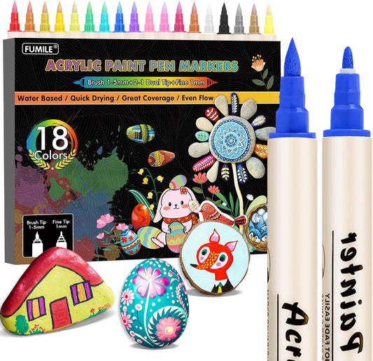 FUMILE 18 Colors Dual Tip Acrylic Paint Pens, Paint Pens paint Markers with Extra Fine Tip and Brush Tip for Wood, Rock, Glass, Ceramic, Canvas.Acrylic Markers for Halloween and Christmas.
