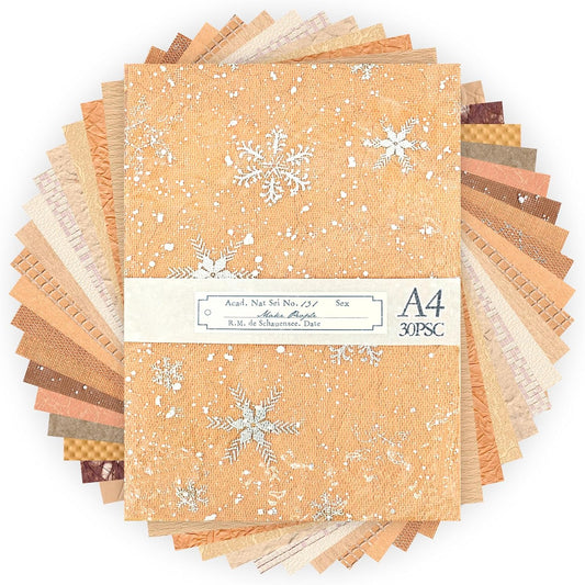 Aromoty 30 sheets A4 size Textured Scrapbook Paper&Mesh Fabric set - Large Handmade Craft Mulberry Special Paper Mix for Scrapbooking Junk Journal Supplies Card Materials Collage, 11.7x8.3 Inches