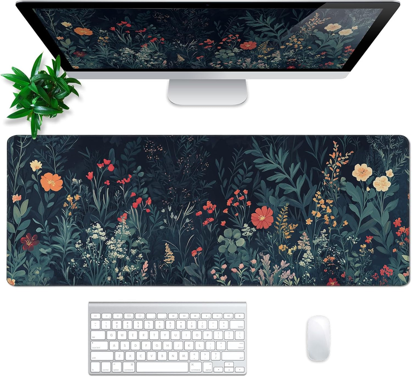 Flower Mouse Pad Abstract Big Mouse Pad 31.5x11.8 Inch Floral Texture Non-Slip Rubber Base Large Weeds Mousepad Stitched Edges Keyboard Mouse Mat Desk Pad for Office and Home