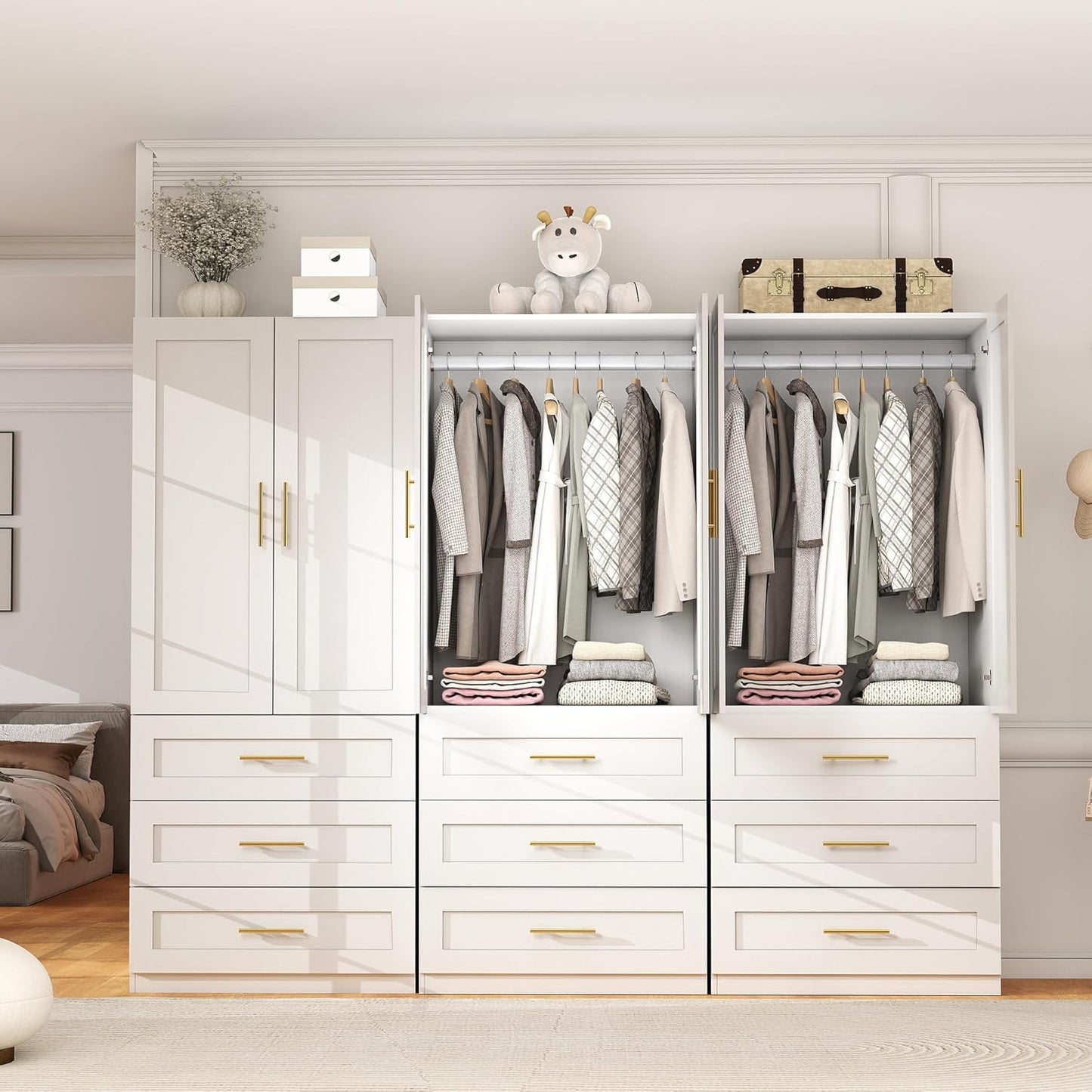 White Wardrobe with 6 Doors: 75" Tall Armoire Wardrobe Closet with 9 Drawers, Bedroom Closet Cabinet for Hanging Clothes, Wooden Storage Armoire with Shelves (Modern, 3)