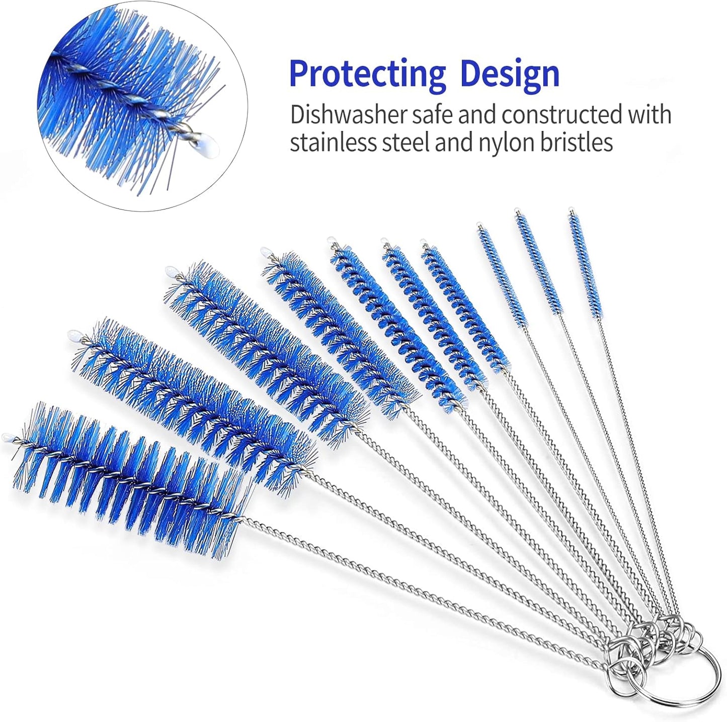 CiaraQ Bottle Cleaning Brushes, 8 Inch Nylon Tube Brush Set, Cleaner for Narrow Neck Bottles Cups with Hook, Set of 10pcs. Navy Blue