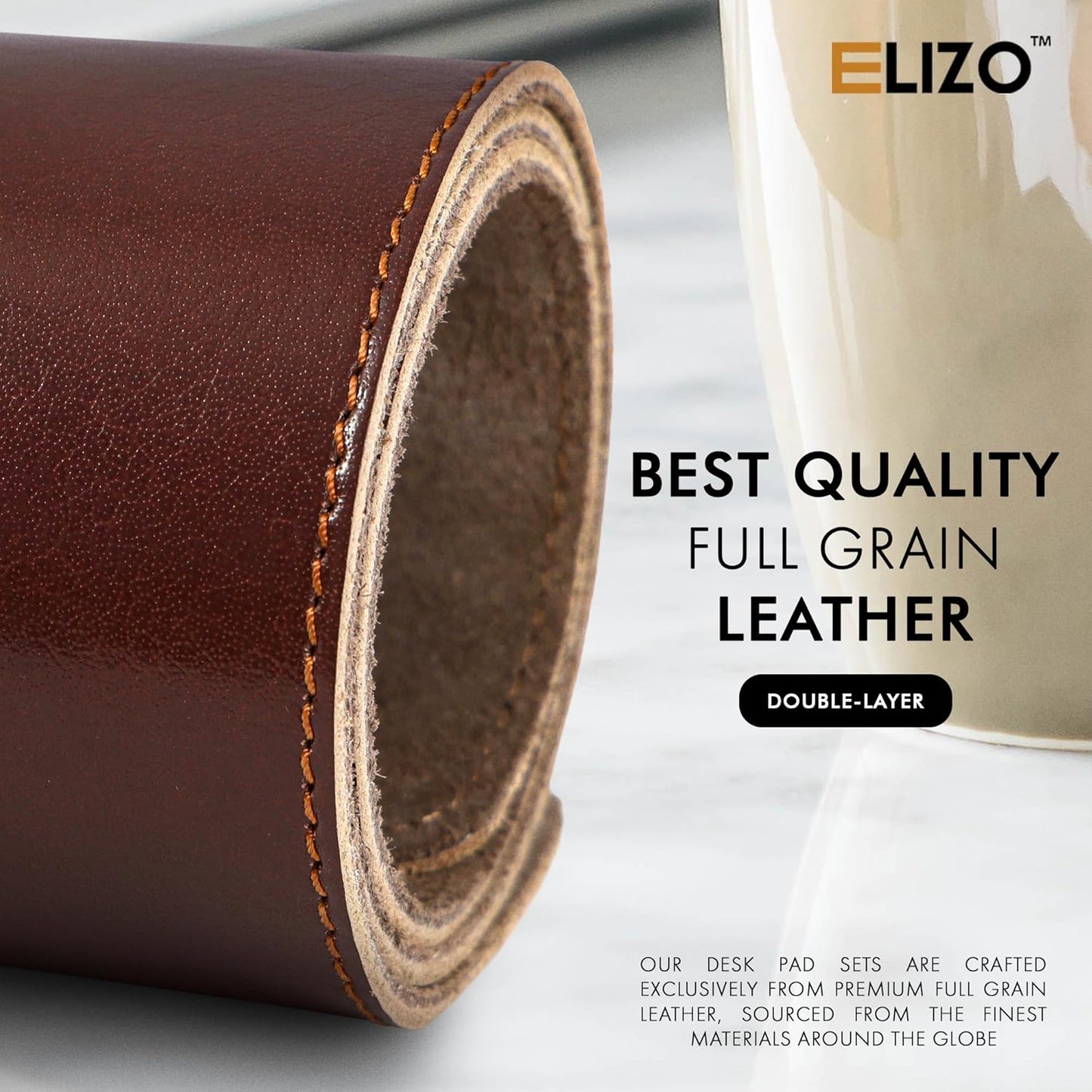 Elizo Leather Desk Mat Desk Pad Blotter Set - Real Full-Grain Leather (32x16) 2-Layer Genuine Desk Cover Protector & Large Mouse Pad | Computer Keyboard Desk Accessories for Office & Home
