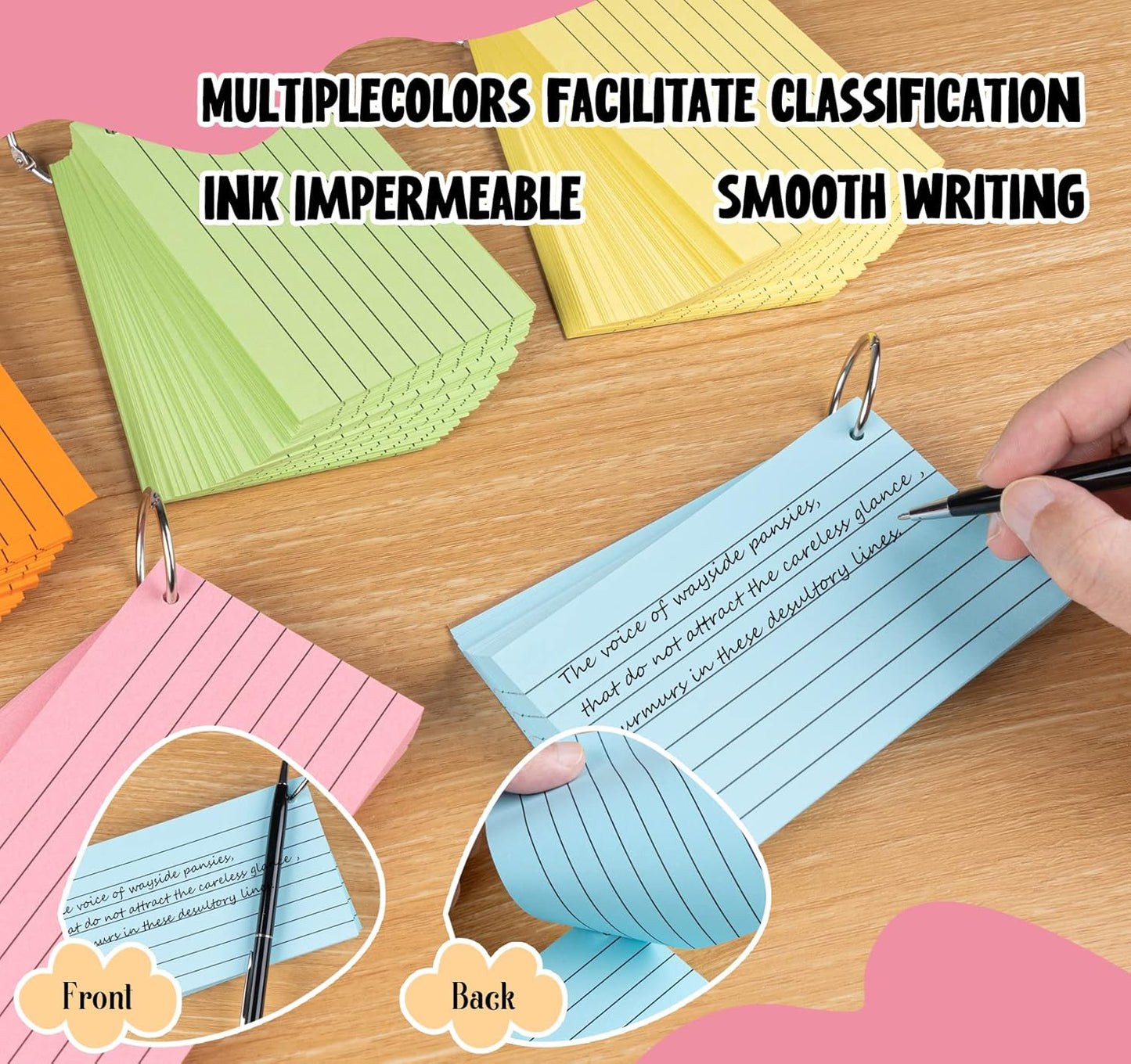 500PCS Index Cards with Ring,3 x 5 Inches Flash Cards,Punched Lined Flashcards,Heavy Study Note Card,Vocabulary Cards,Colored Ruled Note Cards for Office,School,Home,Learning,College