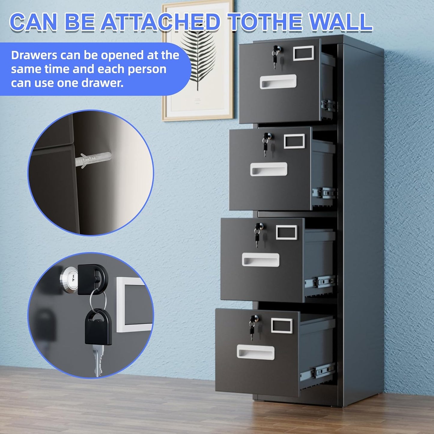 4 Drawer File Cabinet, Metal Vertical Filing Cabinet with 4 Lock,Office Home File Cabinet with Name Card Holder for A4 Letter/Legal Size, 14.96" W x 17.72" D x 55.2" H, Assembly Required(Black)