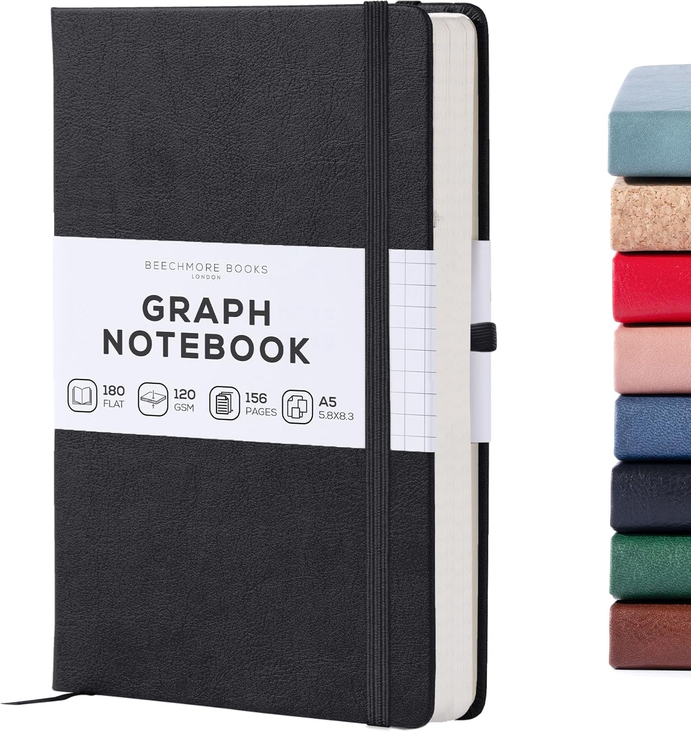 BEECHMORE BOOKS Graph Paper Notebook - Regular, Black | Premium Square Grid Math & Science Journal | 5.75" x 8.25" Hardcover Vegan Leather | Thick 120gsm Cream Graph Paper | Gift Box for Men & Women