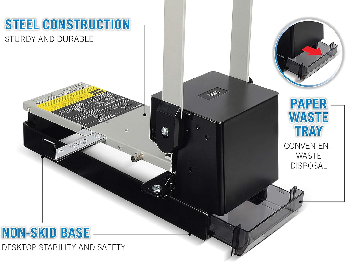 CARL, XHC-2145, Heavy Duty 2-Hole Punch – 145 Sheet Capacity Paper Puncher with Precise Spacing, Built-in Waste Bin, Fits US & Metric Brooch Sizes – Office, School & Binder-Ready Use.