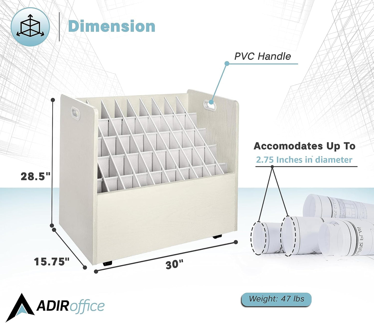 Adir Blue Print Storage Organizer - Mobile Roll File Cart, Construction Plan Holders, Blueprint Cabinet with Wheels, Roll Files Storage for Office and Home (50 Slots, White)