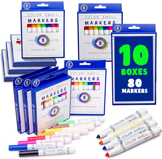 Color Swell Washable Bulk Markers 10 Boxes of 8 Vibrant Colors Are Perfect for Teachers, Kids, Parties, and Classrooms